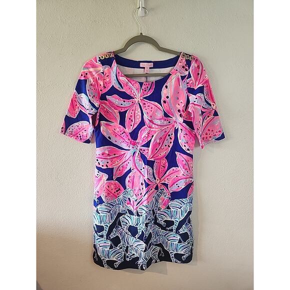 Lilly Pulitzer Dresses & Skirts - Lilly Pulitzer Womens Pink Printed Off Shoulder Short Sleeve Shift Dress Size XS